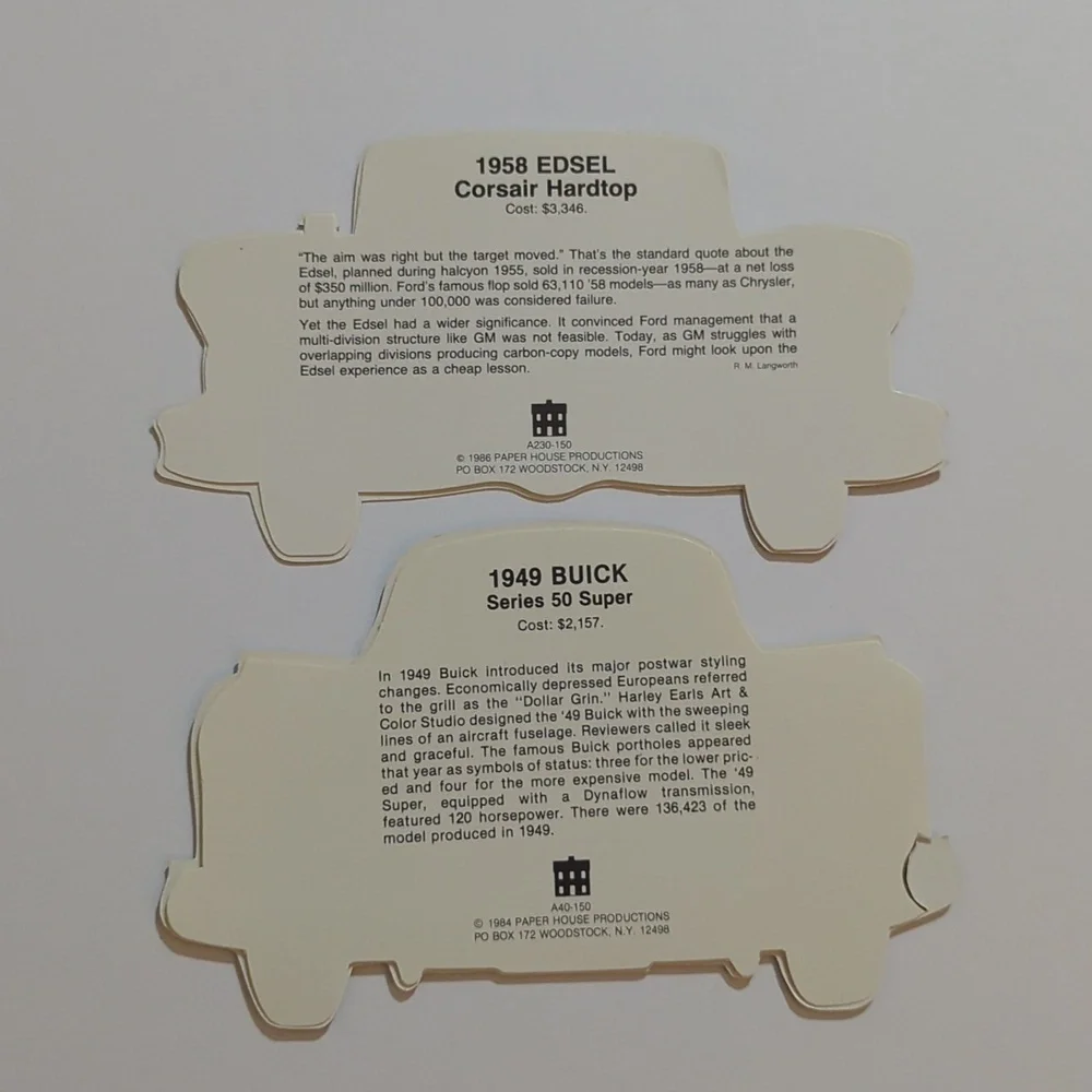 Lot Of 2 Paper House Products Die Cut Cards 1958 Edsel 1949 Buick Series 50